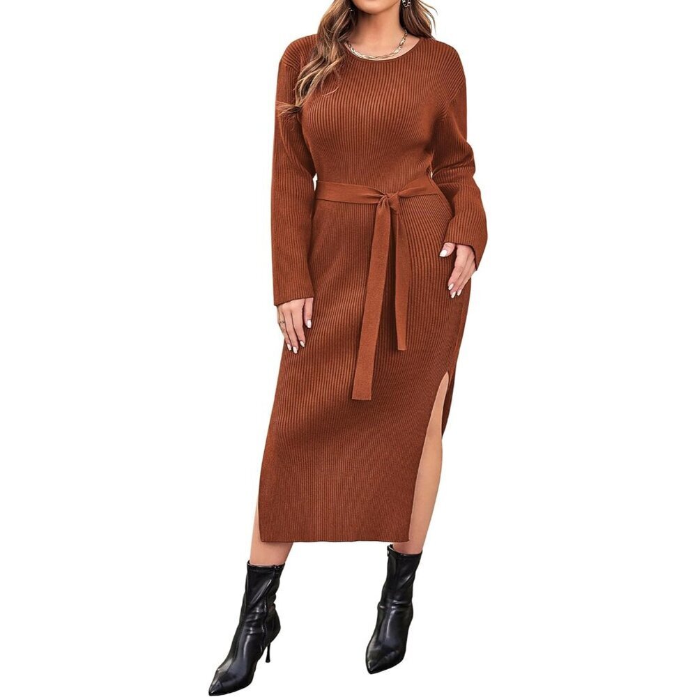 Plus Size Womens Ribbed Sweater Dress Long Sleeve Midi with Belt for Fall - Picture 1 of 5